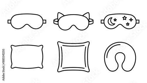 Minimalist line art vector set of sleep masks and pillows. Collection of bedroom and travel accessories icons. Outline design of night sleeping items arranged in grid for rest and relaxation concept