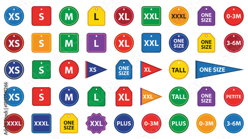 Colorful clothing size labels vector set. XS to XXXL icons. Flat style apparel size tags and symbols. One size, tall, plus, petite signs. Fashion retail label elements arranged in grid layout