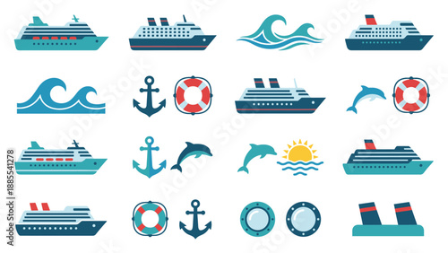 Cruise ship vector icon set with ocean waves, dolphins, anchors, lifebuoys, portholes, and sun, flat style maritime travel elements arranged in a grid on white background
