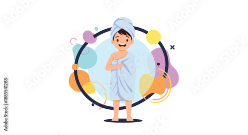 A happy young boy stands smiling while wrapped in a fluffy white towel after taking a bath with his hair in a turban.