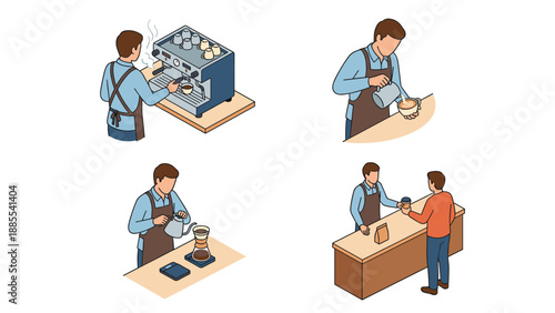 Isometric vector illustration set of a professional barista making coffee in four scenes: using an espresso machine, pouring latte art, brewing pour-over, and serving a customer at the cafe counter.