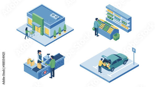 Isometric vector illustration set of grocery shopping scenes featuring a supermarket storefront, customer picking fresh produce, checkout counter with cashier, and loading groceries into a car.