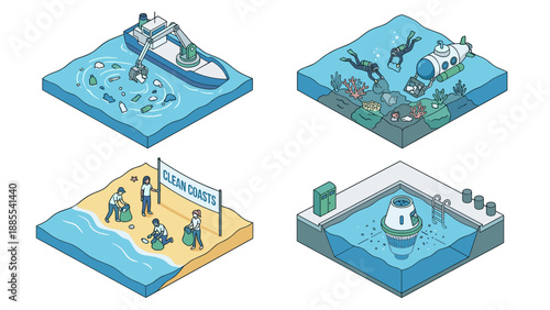 Isometric Vector Illustration Set of Ocean Cleanup Activities Featuring Boat Collecting Plastic, Divers Cleaning Coral Reefs, Volunteers on Beach, and Harbor Trash Collection Technology.