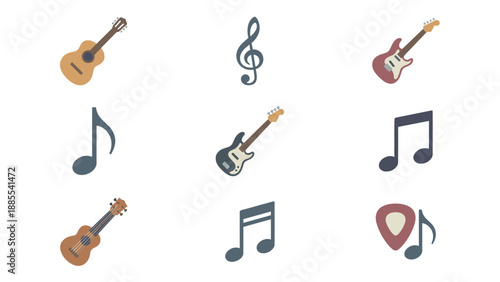 Set of 9 Music and Guitar Icons in Flat Design Style, Featuring Acoustic, Electric, and Bass Guitars, Ukulele, Treble Clef, Musical Notes, and Pick for Creative Web and Graphic Design Projects.