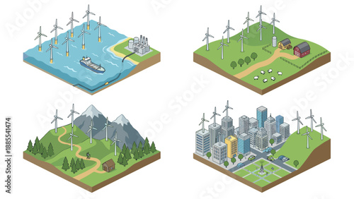 Isometric Vector Illustration Set of Wind Farm Energy Scenes in Four Environments: Offshore Sea, Rural Farm, Mountain Forest, and Modern Urban City for Sustainable Renewable Green Power Generation