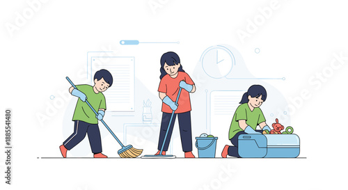 Children helping with household chores showing a boy sweeping and two girls mopping the floor and organizing a toy box illustration.