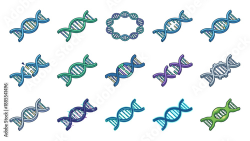 Isometric DNA Helix Structure Icon Set. Modern Vector Illustrations of Genetic Double Helix Strands for Science, Biology, Biotechnology Research, Genome Mapping, and Medical Science Applications.