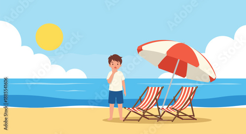 A young boy standing on a sandy beach under a large parasol with lounge chairs looking out at the calm ocean on a sunny day.