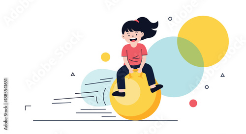 Energetic and happy young girl with a ponytail having fun while jumping on a large yellow space hopper ball in a dynamic illustration.