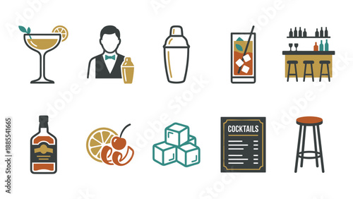 Cocktail bar icon set alcohol beverage symbols. Bartender shaker glass bottle menu ice cubes. Nightlife party drink elements pub club restaurant. Vector collection flat design graphic