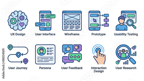 User experience icons. UX UI design symbols. Web development interface. Wireframe prototype usability testing. User journey persona research feedback. Interaction design vector.