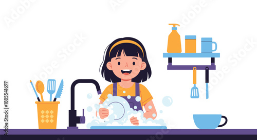 A smiling young girl wearing an apron happily washing a plate in a sink full of soap bubbles as part of her household chores.