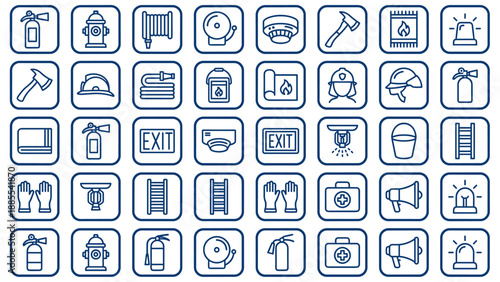 Fire safety equipment icons. Vector outline set of firefighter tools. Emergency protection symbols. Extinguisher hydrant hose helmet alarm. Warning sign. Rescue gear. Clean stroke.