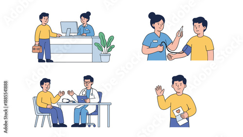 Medical clinic patient visit scenes set. Hospital healthcare journey story. Reception check-in desk. Nurse blood pressure test. Doctor consultation diagnosis. Flat vector illustration.