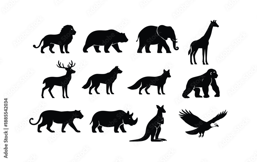 Fototapeta premium set of black and white icons representing the outline of wild animals such as lion, tiger, elephant, giraffe 