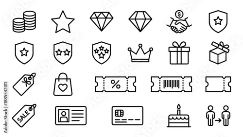 Loyalty program vector line icons. Rewards, points, tier badge, gift, coupon, member card. Gamification, ecommerce, vip membership, customer retention, discount, bonus, deal.