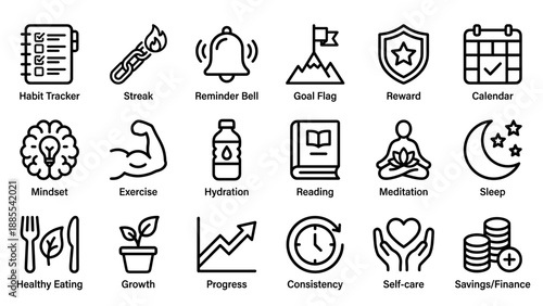 Habit building icons. Daily routine tracker. Personal growth symbols. Self improvement goals. Productivity glyphs. Health discipline mindset. Success planning. Calendar streak set.