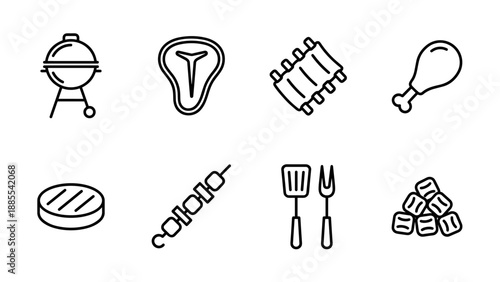 Barbecue grill vector icon set. Minimalist line art meat collection. Summer bbq party elements. Steak ribs chicken burger skewer tools. Picnic food symbols. Charcoal cooking outlines.