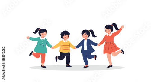 A group of four happy children a boy and three girls holding hands and dancing together in a circle showing friendship and joy.
