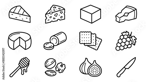Cheese platter icon set vector. Dairy food varieties. Outline style collection. Gourmet appetizer symbols. Line art illustration. Tasty snack. Minimalist graphic. Culinary ingredients.