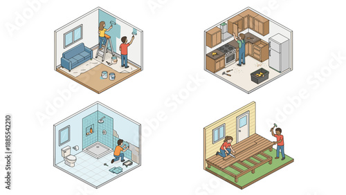 Isometric home renovation and remodeling vector set. People painting walls, installing tiles, building wooden deck, and repairing kitchen cabinets. DIY house improvement and construction concept