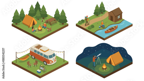 Isometric camping and outdoor adventure vector set with forest tents, campfire, fishing by river, hiking trail, camper van, hammock, and stargazing at night in simple clean 3D illustration style