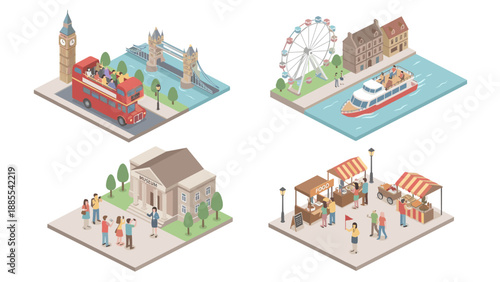 Isometric city sightseeing vector set with London landmarks, tour bus, canal boat, Ferris wheel, street market, and museum visitors in urban travel vacation concept illustration