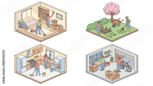 Isometric vector illustration set of people doing spring cleaning activities at home, including gardening, kitchen cleaning, living room vacuuming, and garage organization on white background