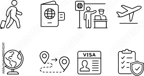 Travel icons with passport, plane, customs, visa.
