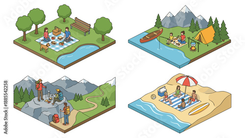 Isometric vector illustration set of outdoor leisure activities picnic camping hiking beach scenes with people relaxing in nature forest mountains seaside summer travel recreation concept