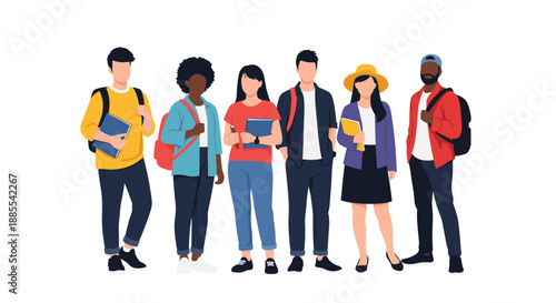 A diverse group of six modern multiethnic college or university students standing together with backpacks and books ready for class.