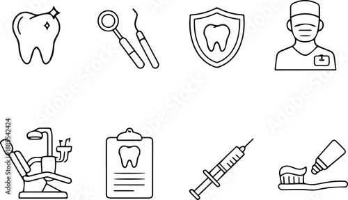 Dental icons featuring teeth, tools, dentist, care.
