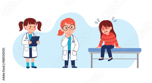 Two young girls dressed as doctors examine a sick patient who is sitting on a medical bed feeling ill with a fever.