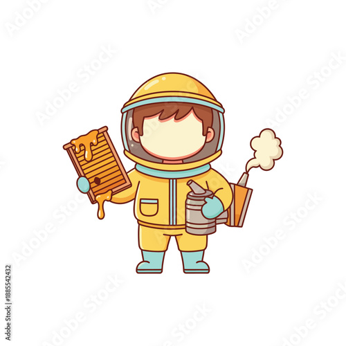 Cute Kawaii Beekeeper Mascot Holding Honeycomb And Smoker Tool Vector Illustration