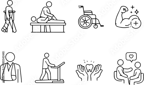 Rehabilitation icons with therapy, mobility aids, support.
