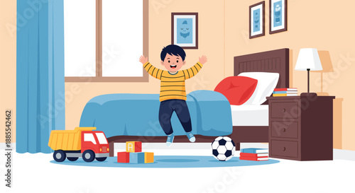 Happy little boy has fun jumping on his bed in a messy but cozy bedroom surrounded by his favorite books and toys.