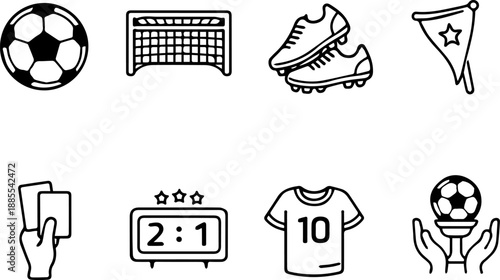 Soccer icons with ball, goal, score, trophy.
