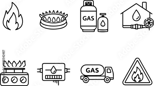 Gas-related icons with flames and containers.
