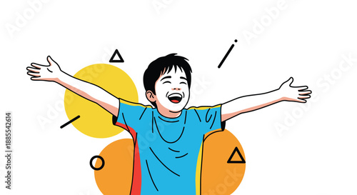 A happy and expressive young boy in a blue shirt is laughing with his arms outstretched against a fun abstract background.