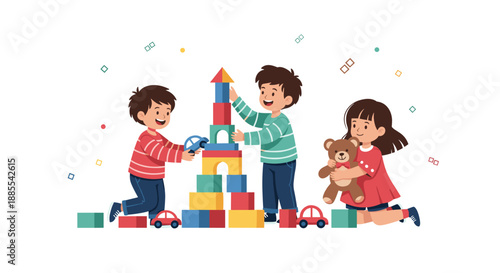 Three happy children work together to build a tall colorful tower with wooden blocks while playing on the floor together.