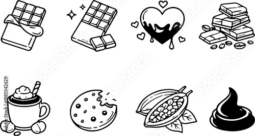 Outline icons of chocolate, cocoa and sweets.
