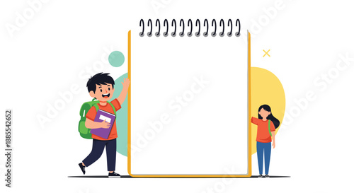 Two small students with backpacks stand beside a giant blank spiral notebook with plenty of copy space for school notices.
