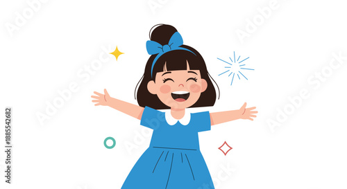 An overjoyed and excited little girl with a big blue bow in her hair celebrates with her arms opened wide and a happy laugh.