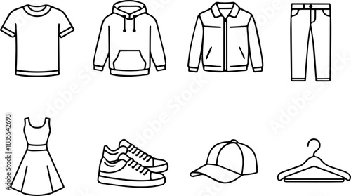 Outlined icons of various clothing and accessories.
