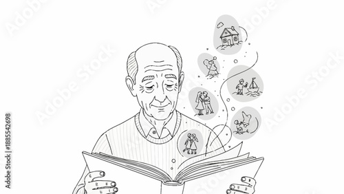 Elderly man reading a book and reminiscing about his life.