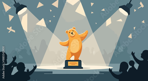 This flat design vector illustration showcases the iconic Golden Bear trophy, symbolizing cinematic excellence at the Berlin International Film Festival. It captures the essence of achievement
