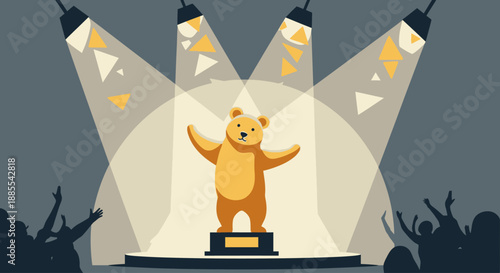 This flat design vector illustration showcases the iconic Golden Bear trophy, symbolizing cinematic excellence at the Berlin International Film Festival. It captures the essence of achievement