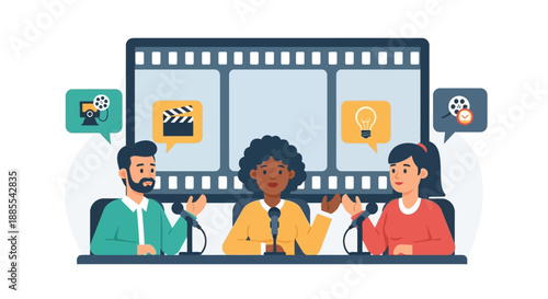 A flat design illustration depicting a dynamic panel discussion with diverse filmmakers at the Berlin International Film Festival. This minimalist vector graphic highlights collaboration and creative 