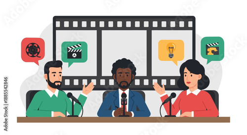 A flat design illustration depicting a dynamic panel discussion with diverse filmmakers at the Berlin International Film Festival. This minimalist vector graphic highlights collaboration and creative 