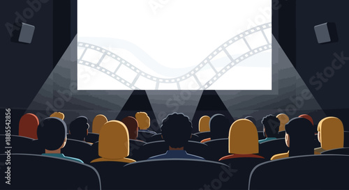 This flat design vector illustration captures the immersive experience of an audience watching a film at the Berlin International Film Festival. It conveys the shared emotion and focus in a cinema set